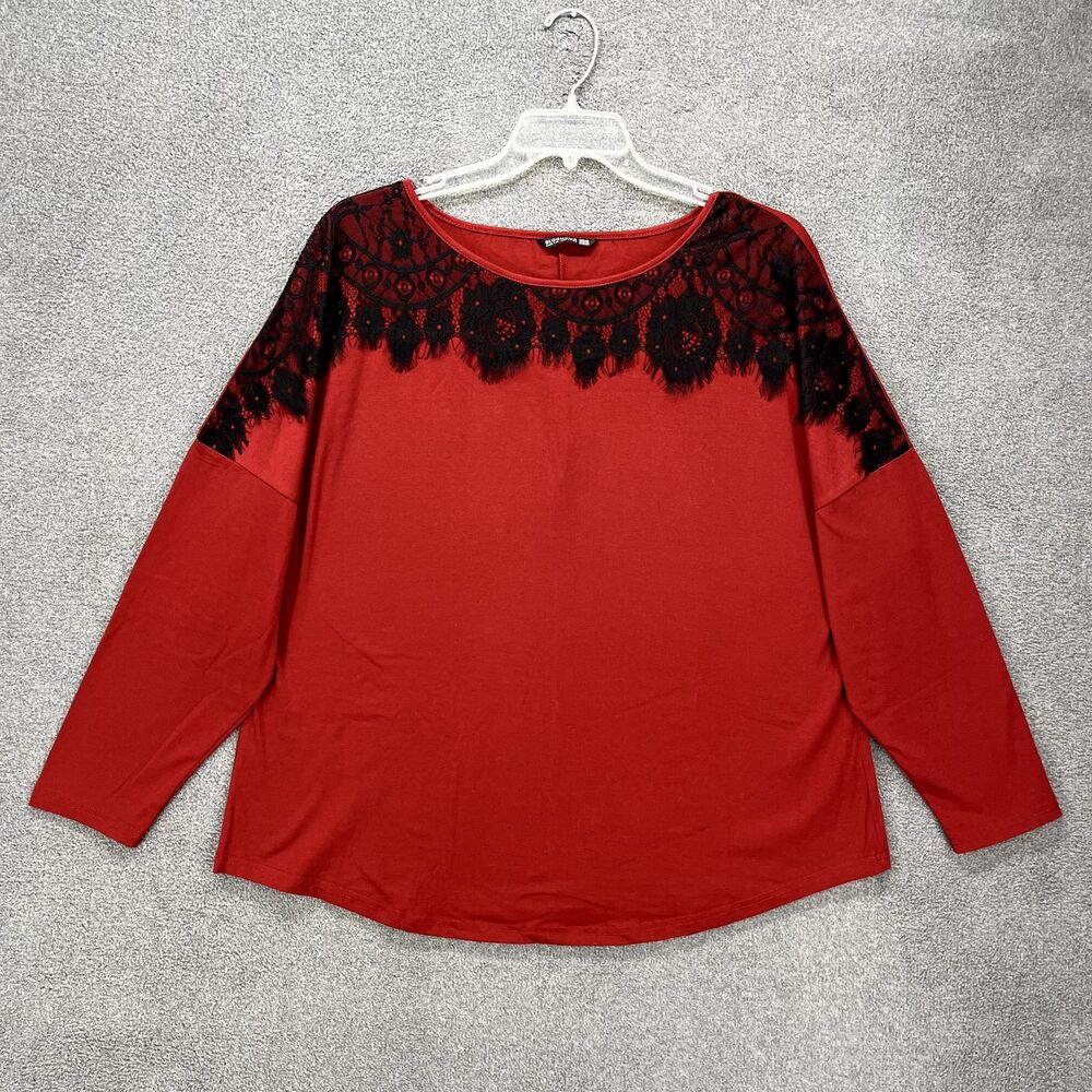 BloomChic Top Womens 2X 18 20 Red Black lace‎ Long sleeve T Shirt Blouse